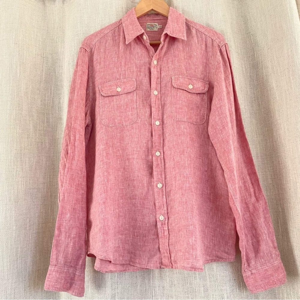 Faherty Charleston Linen Button Down Shirt Pink Red Medium
